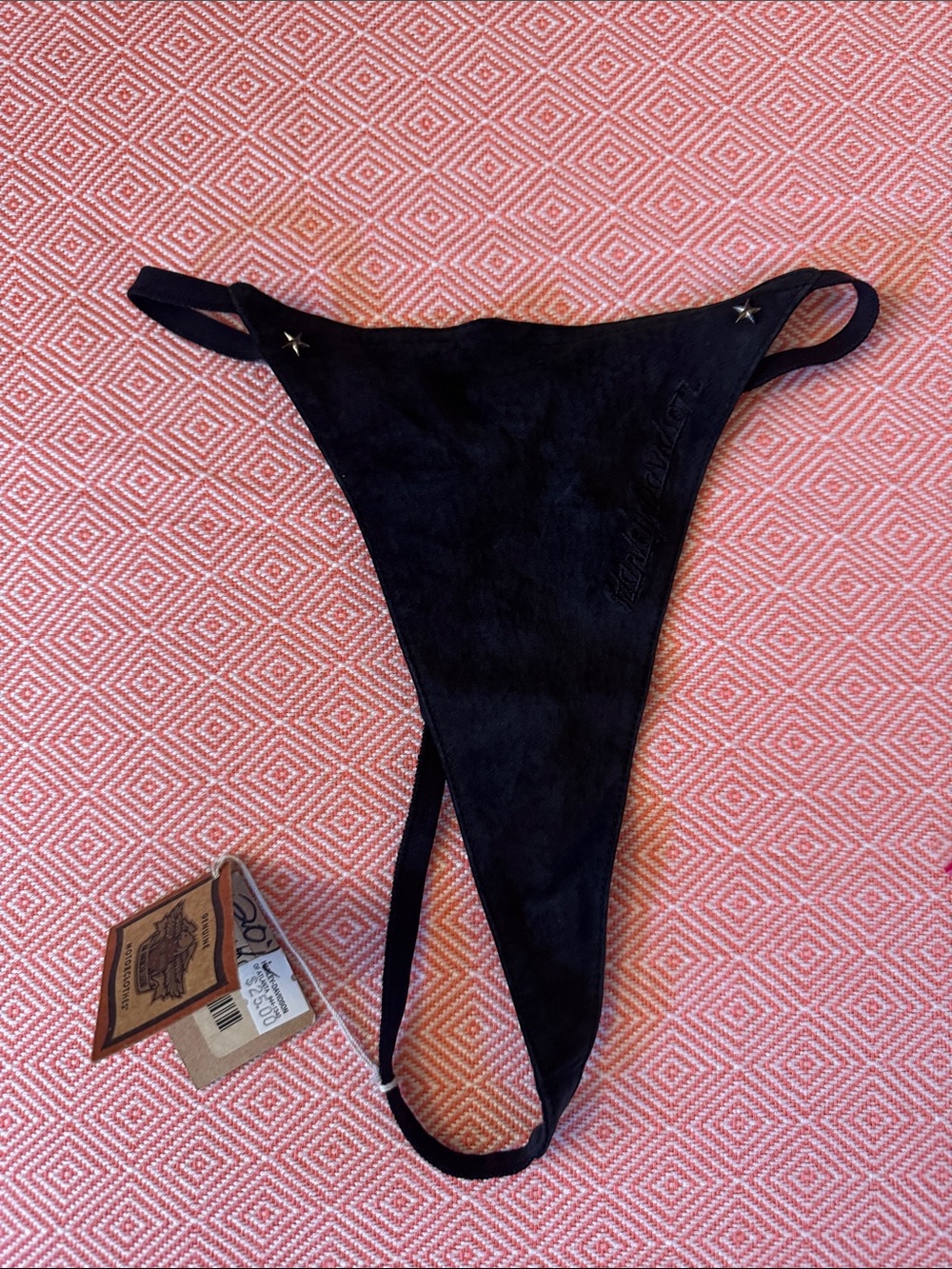 Small Harley Davidson Black lightweight suede Thong panty  with Star Studs. NWT.